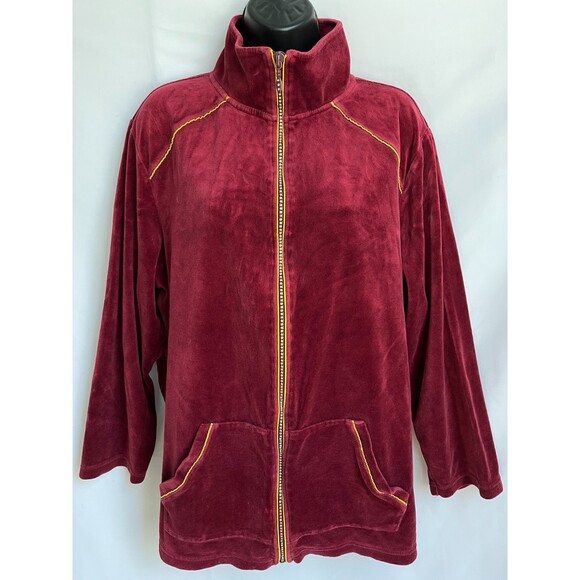 Vintage Quacker Factory Y2K Red Velour Bedazzled Full Zip Track Jacket 1X Gold - Picture 1 of 10